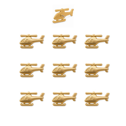 Ten matte gold helicopter push pins arranged in grid showing front and pin-back detail views