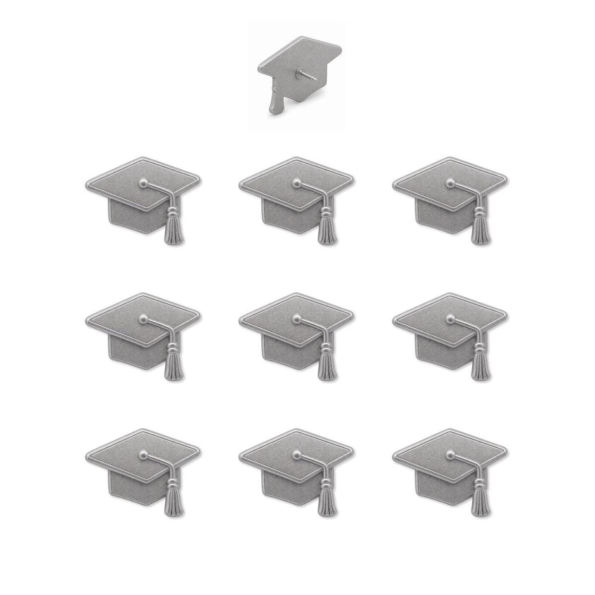 Set of ten silver matte metal graduation cap push pins with tassel detail