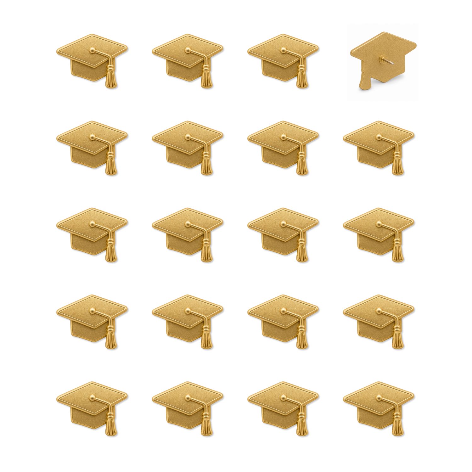 20 matte gold graduation cap push pins with 3D mortarboard tassel design on white background