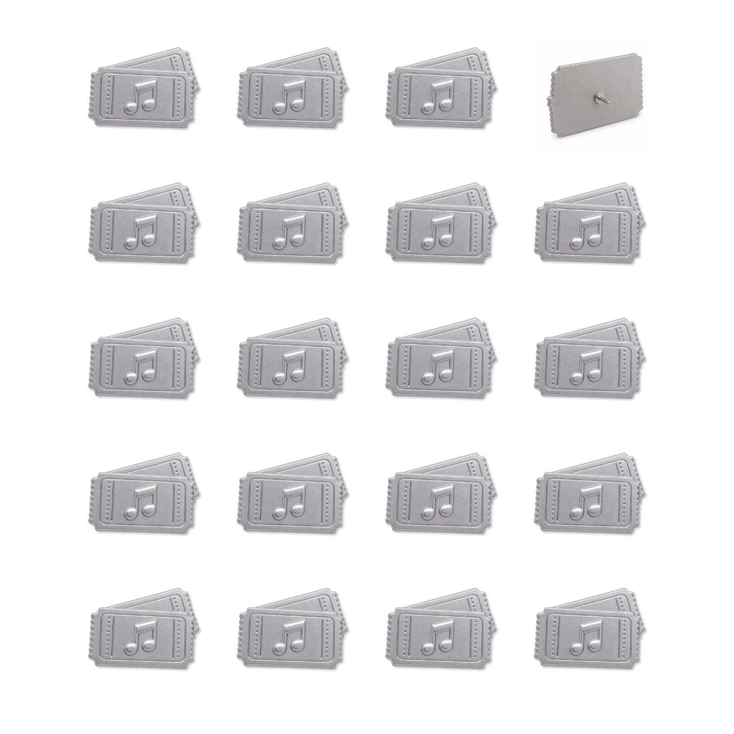 Set of 20 silver metal concert ticket push pins with music note embossed detail, back view shown