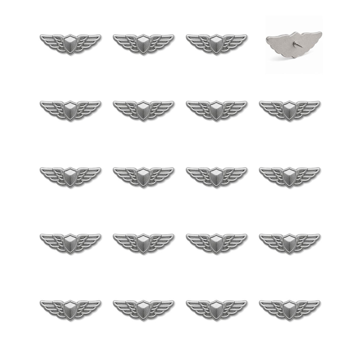 Set of 20 silver matte pilot wing push pins with 3D shield and feathered wings design