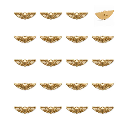Multiple gold matte pilot wings push pins arranged in grid showing front and back views