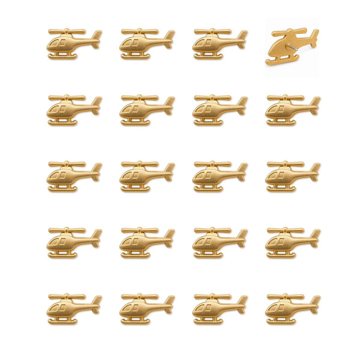 Grid of 20 matte gold metal helicopter push pins with detailed rotors and skids