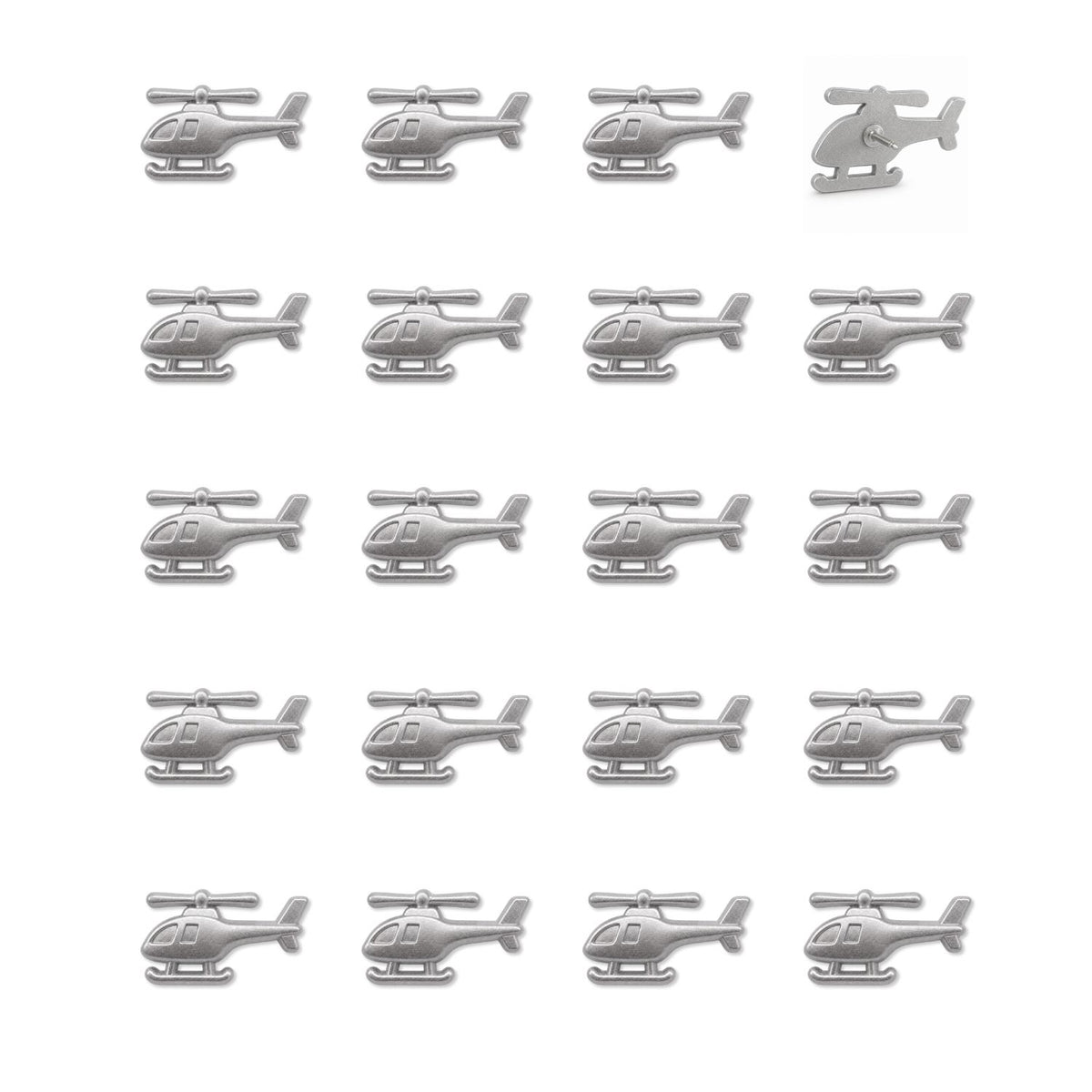 Set of 20 silver matte metal helicopter push pins with detailed rotors and skids arranged in grid