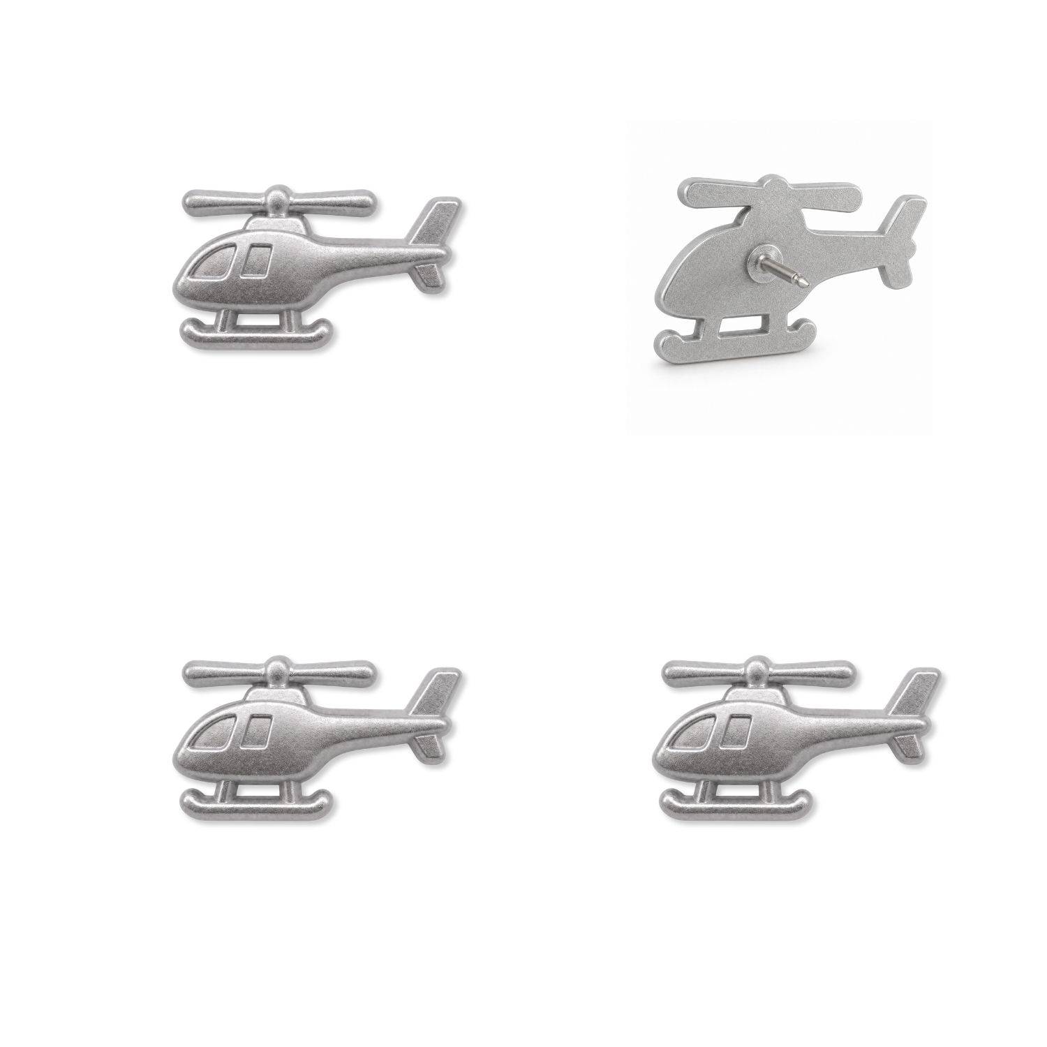 Four silver matte metal helicopter push pins showing front and back views with detailed rotors and skids