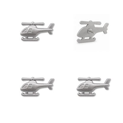 Four silver matte metal helicopter push pins showing front and back views with detailed rotors and skids