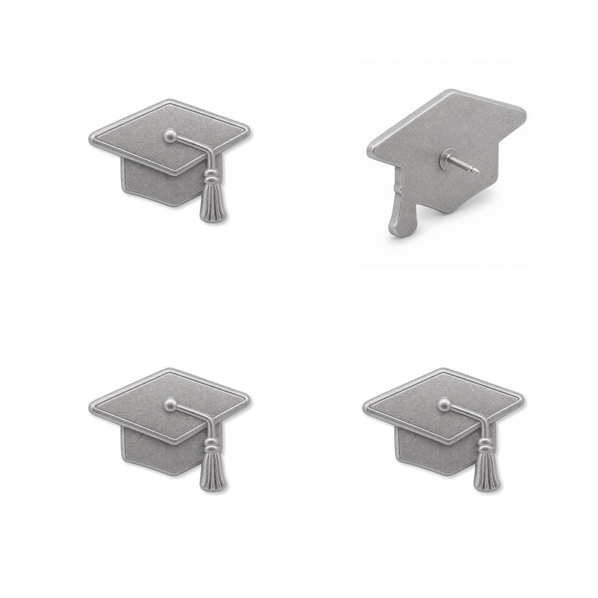 Four silver metal graduation cap push pins showing front and back views with detailed tassel