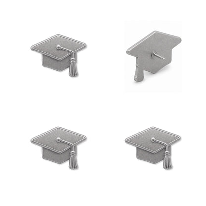 Four silver metal graduation cap push pins showing front and back views with detailed tassel
