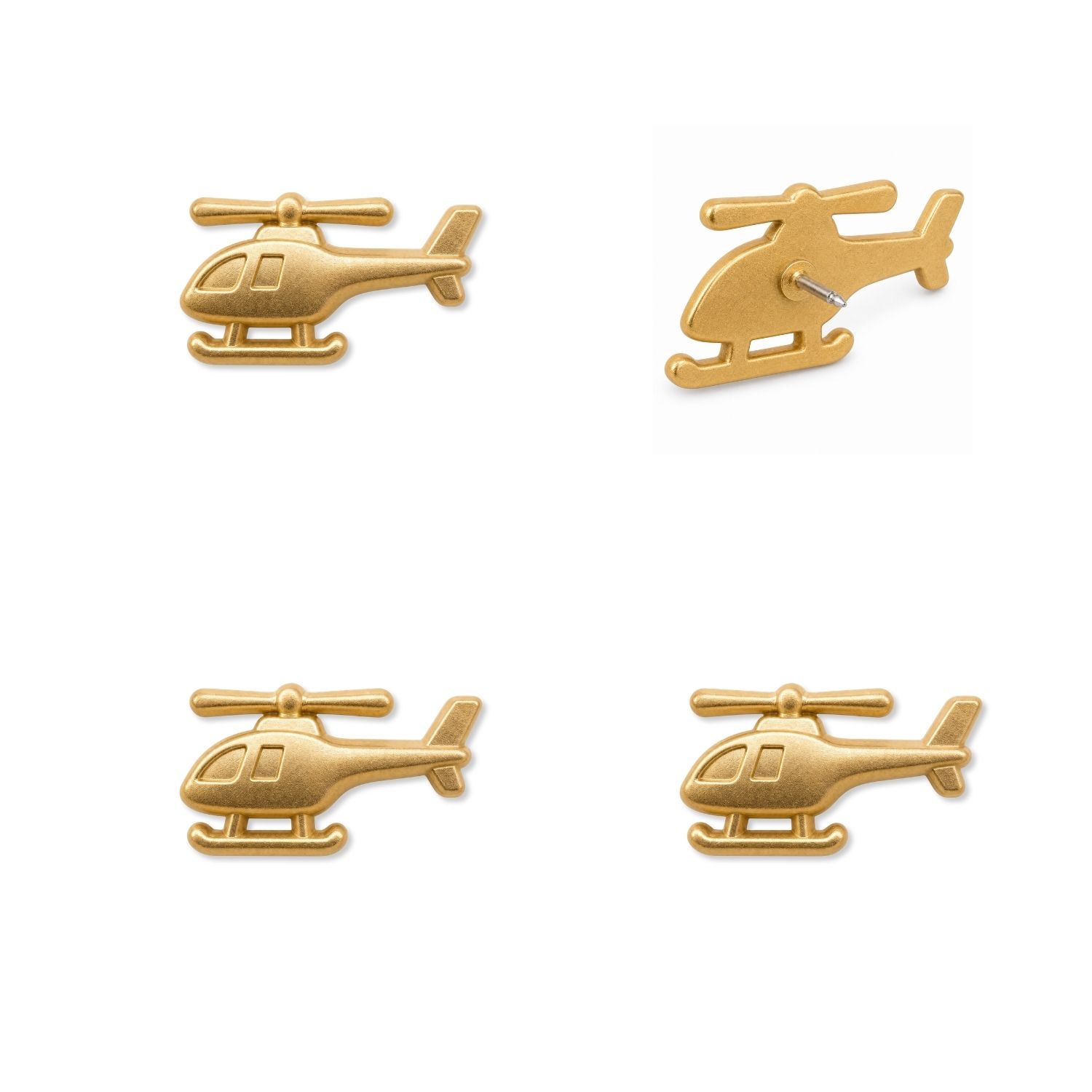 Matte gold helicopter push pins front and back views showing 3D metal rotor detail