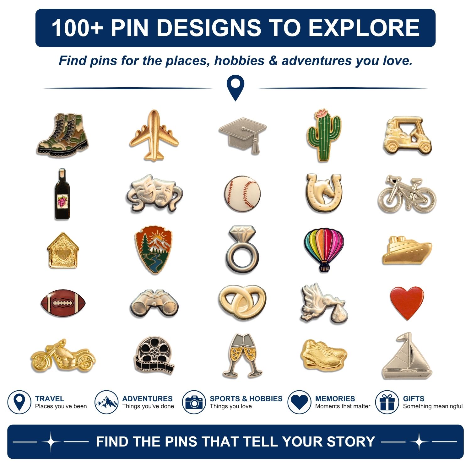 Collage of 100+ specialty lapel pin designs including travel, sports, hobbies and adventure themes