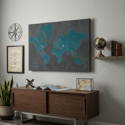 Gallery Wrapped - Midnight Dream World Push Pin Map with Pins