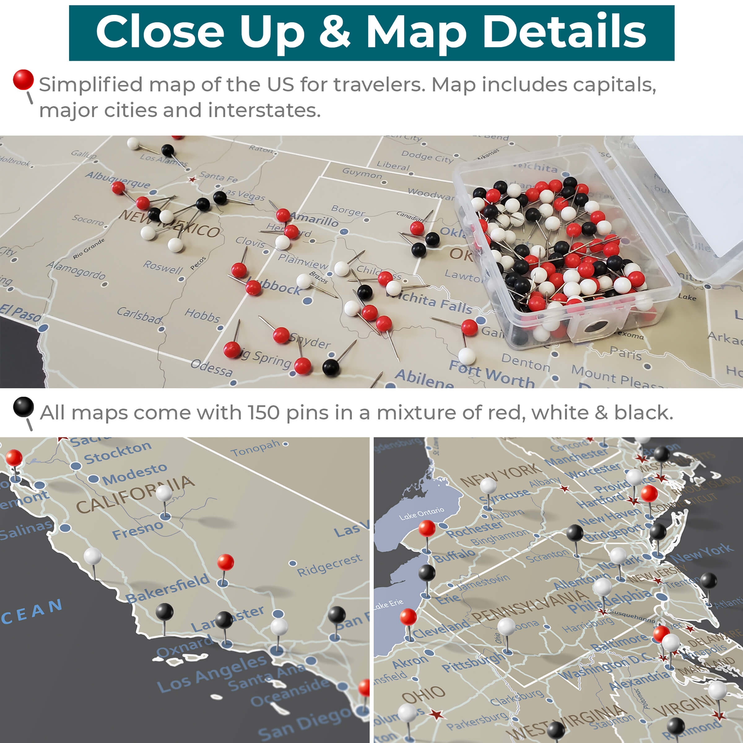 Earth Toned USA Push Pin Travel Maps - Close up and Details