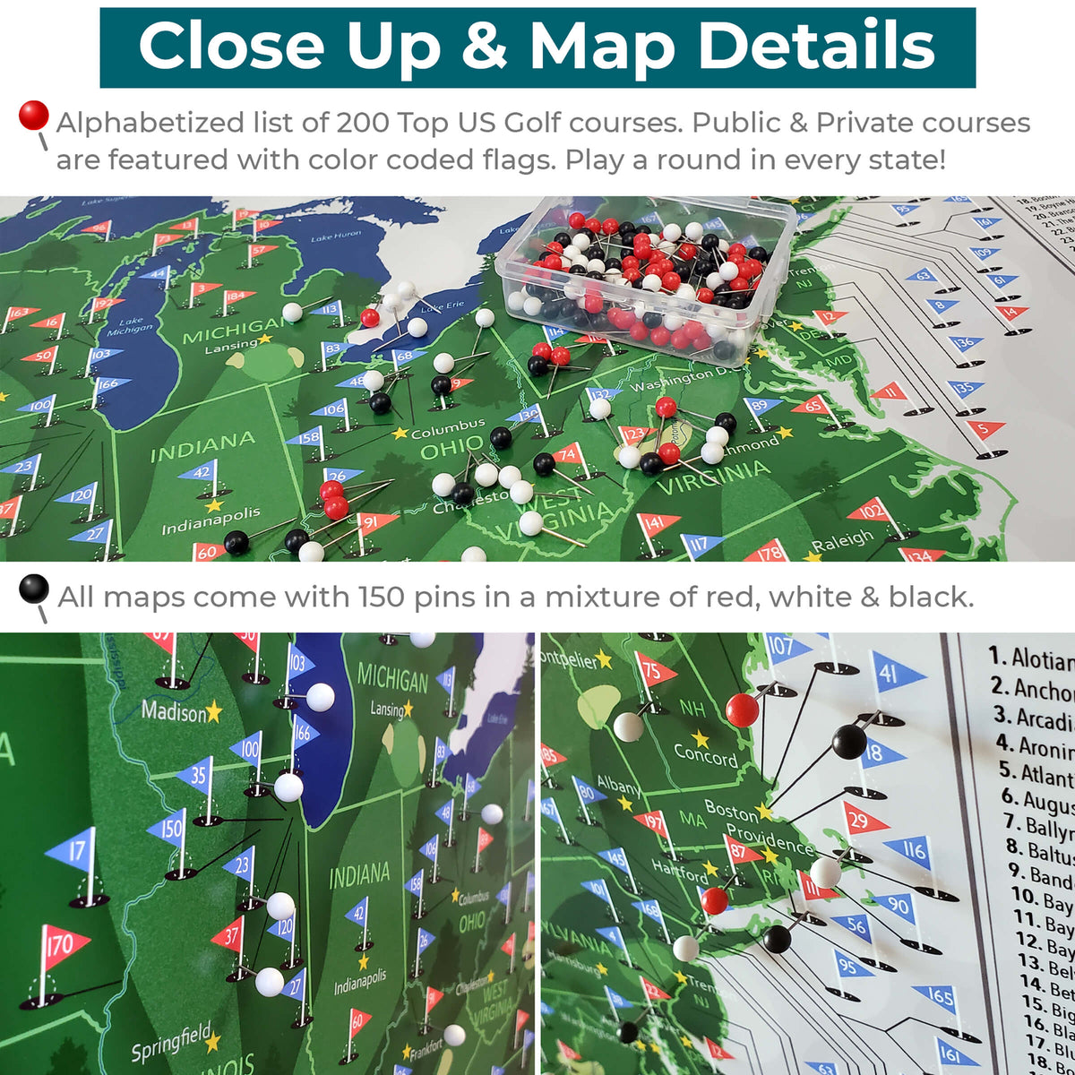 Top 200 Golf Courses USA Push Pin Travel Maps - Close up and Details