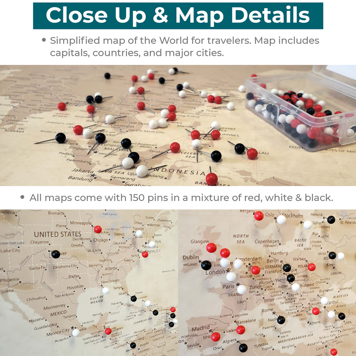 Vintage World Push Pin Travel Maps - Close up and Details