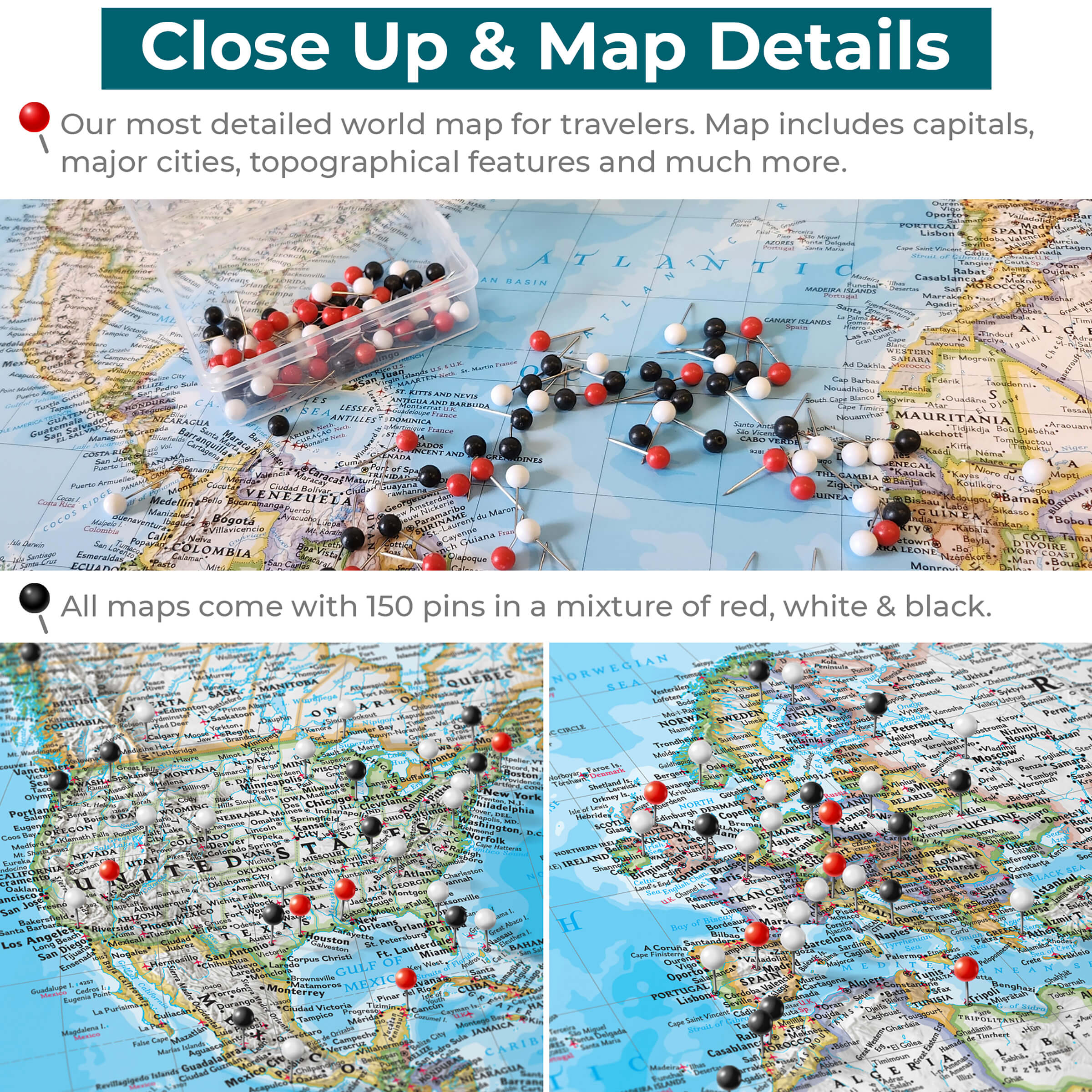 Classic World Push Pin Travel Maps - Close up and Details