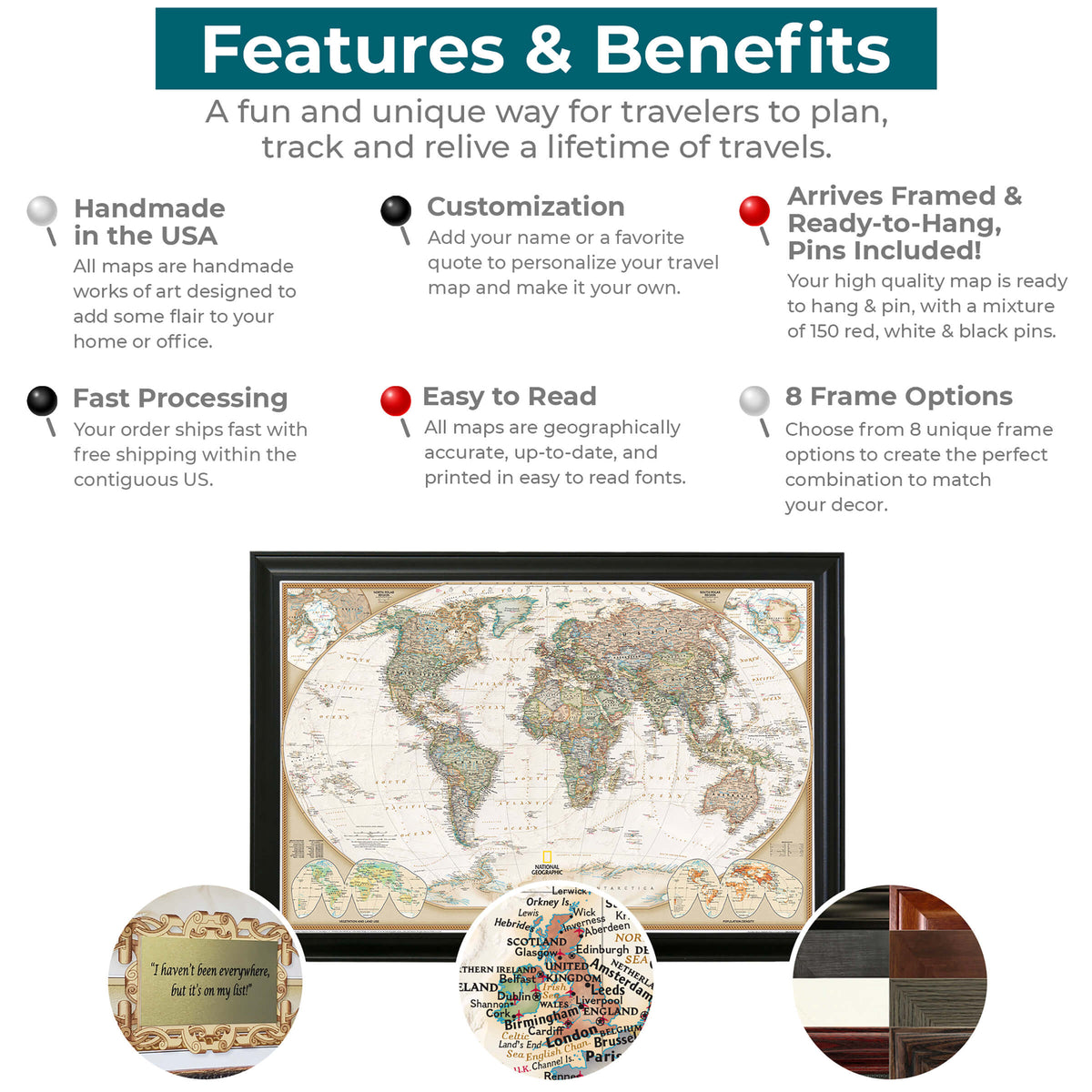 Executive World Push Pin Travel Map Features and Benefits