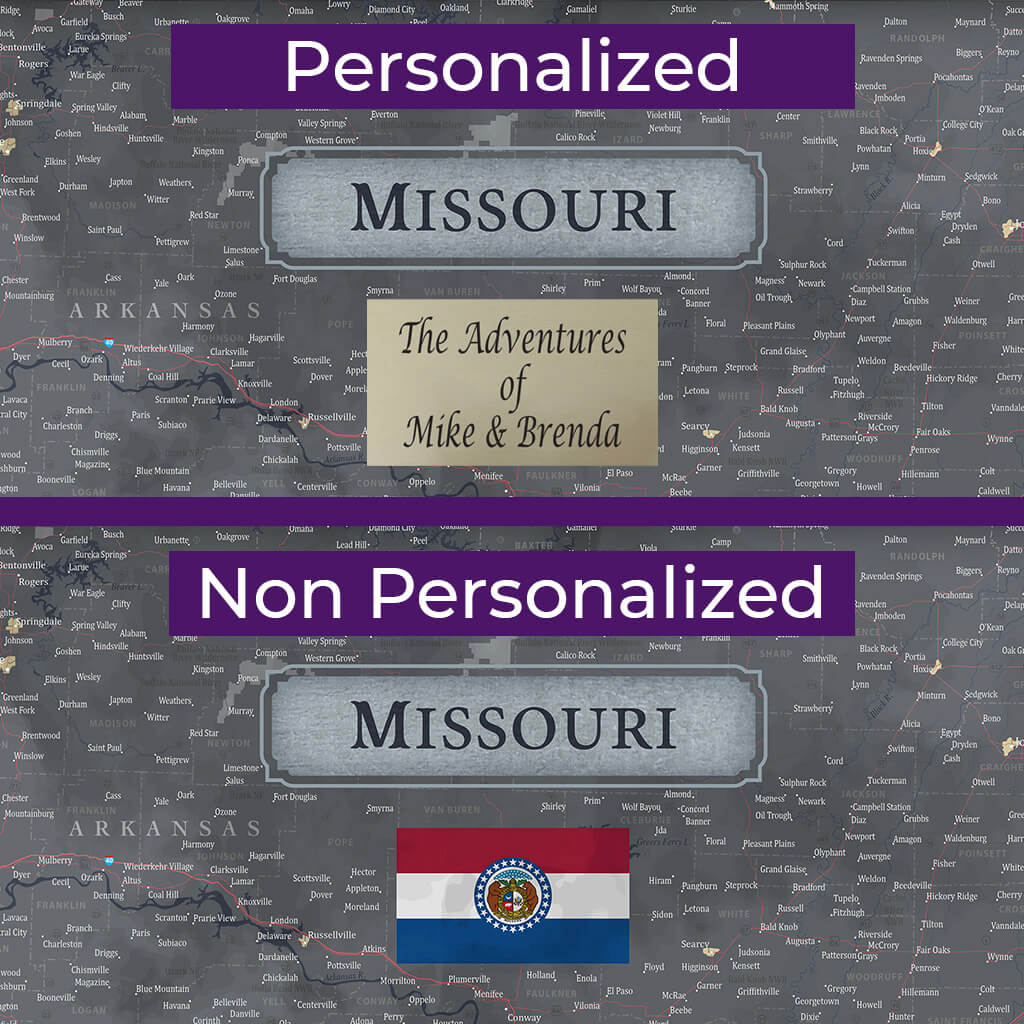 Closeup of Plaque Layout and Location on Framed Missouri State Pin Map