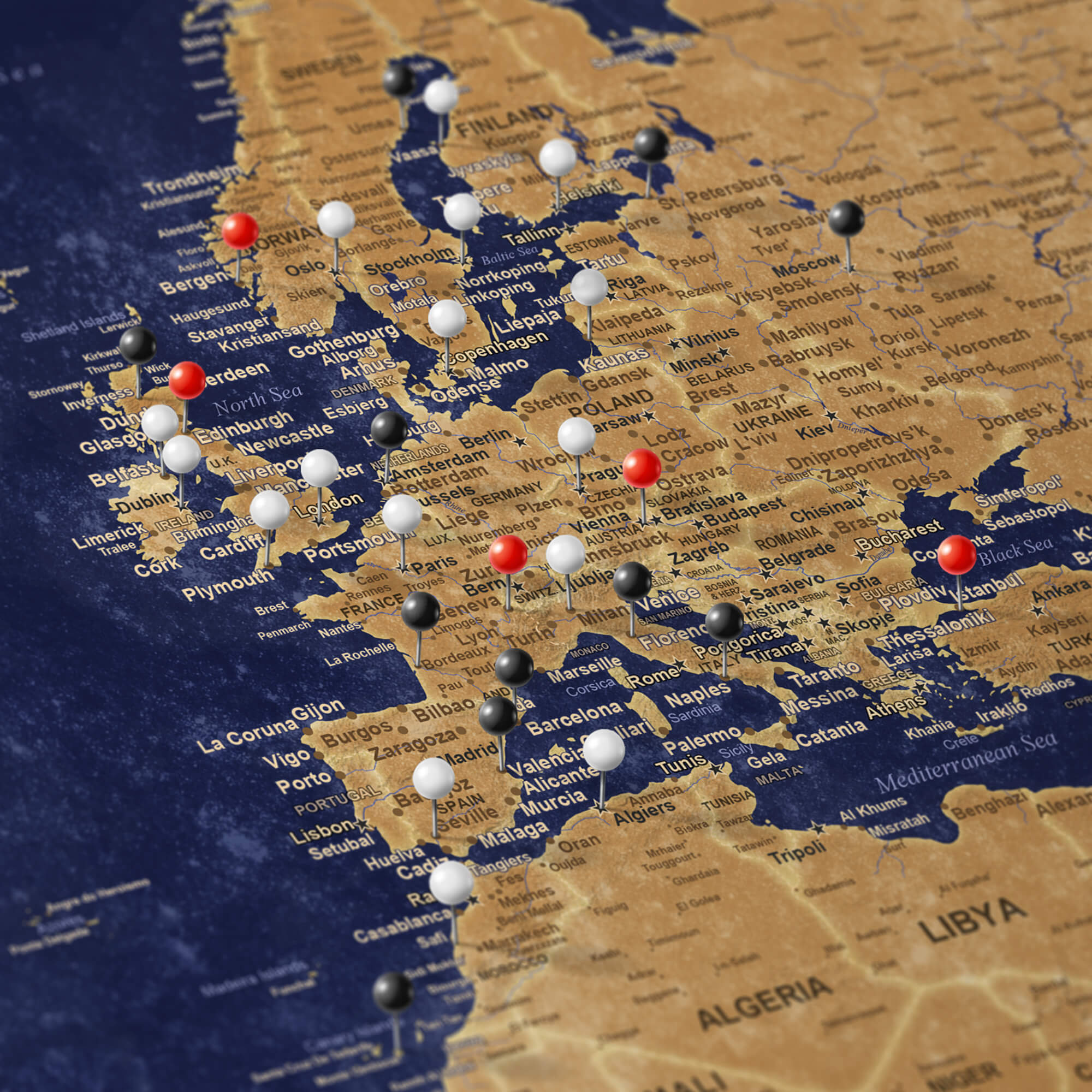 Close up of europe on gold and navy world map
