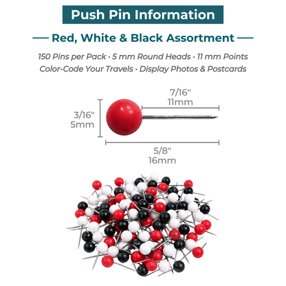 Map Pins in Black, Red, and White - Pack of 150