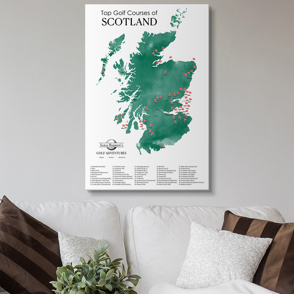 Top Golf Courses of Scotland Gallery Wrapped Canvas Map in 24x36 size