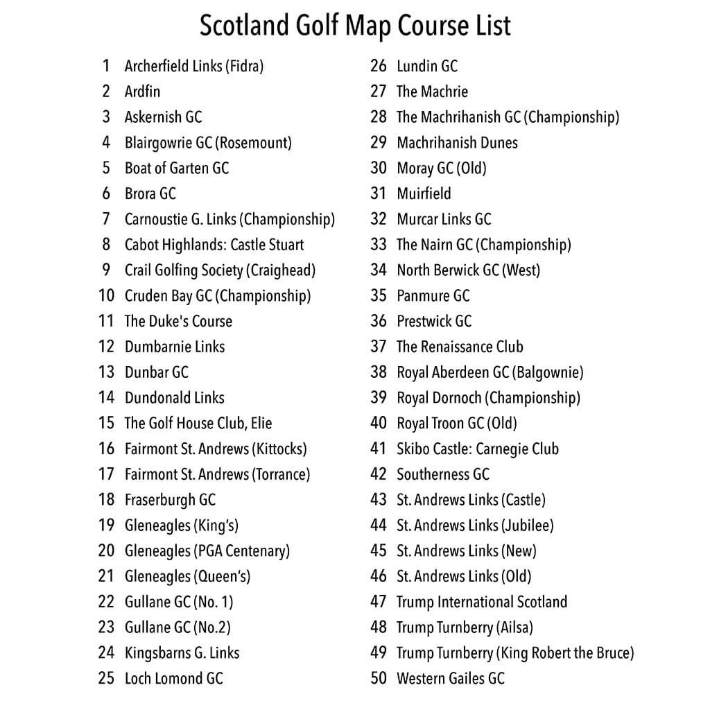 List of top 50 Golf Courses on Scotland's Top Golf Courses Travel Map