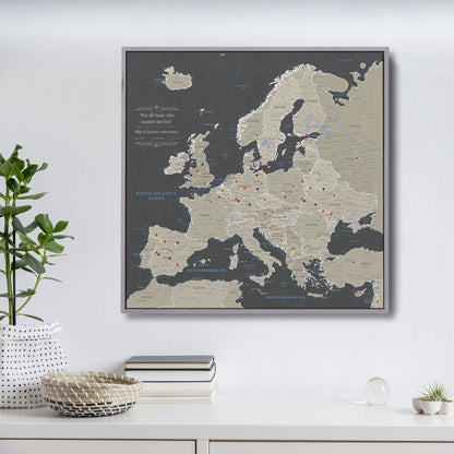 Earth toned Europe travel map canvas with red and black pins in gray float frame hanging on white wall above styled shelf with plants and books