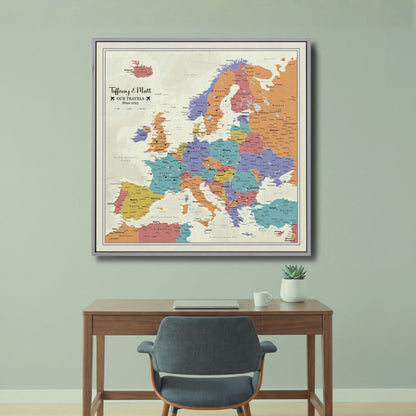 Personalized Europe push pin travel map canvas wall art hanging above modern desk