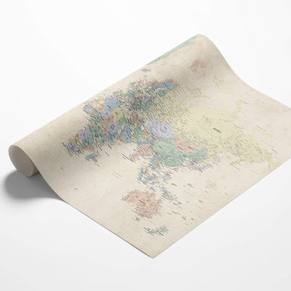 Rolled-up sandy dreams world map on a white background