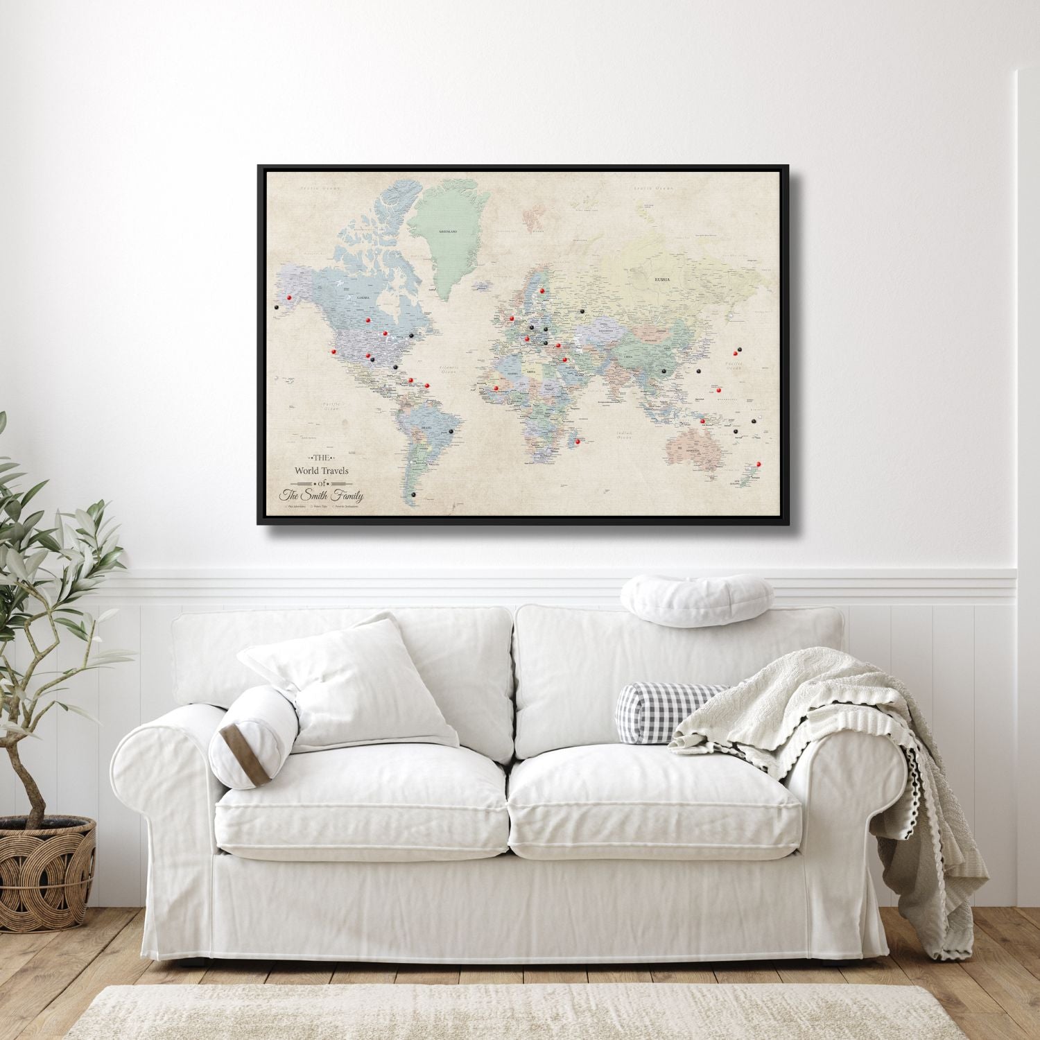 Gallery Wrapped Sandy Dreams World Map in Black Float Mount Frame