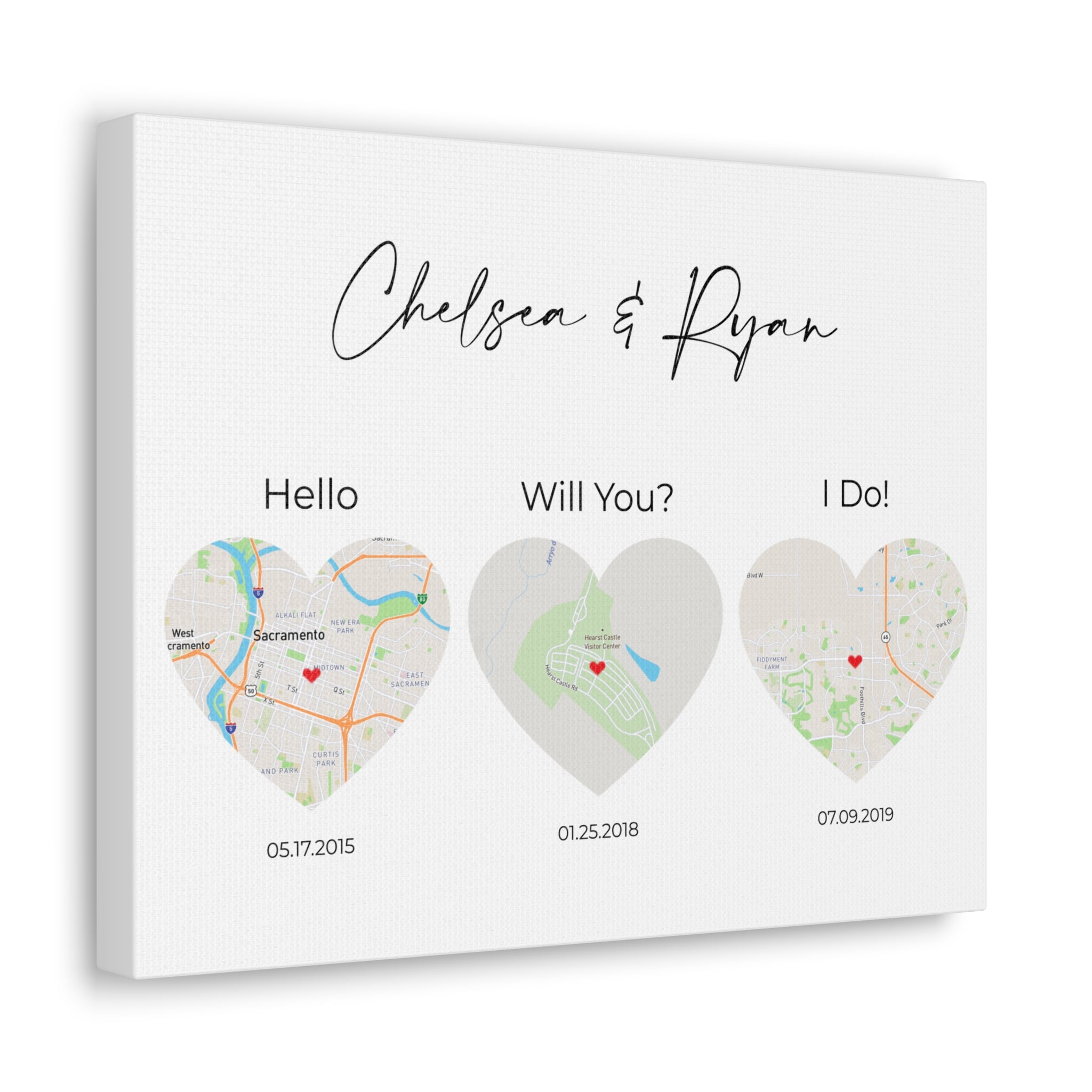 Hello, Will You, I Do Wall Art - 3 Heart Map Art - Where We Met Map - Option 1