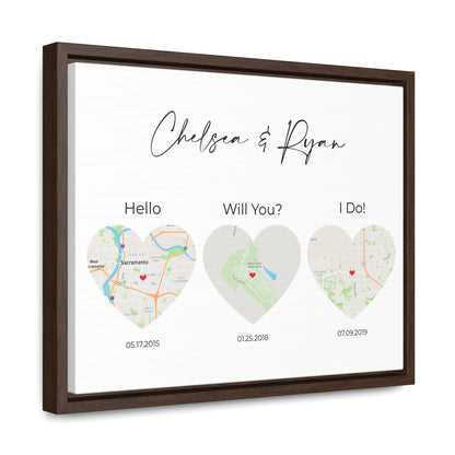 Hello, Will You, I Do Wall Art - 3 Heart Map Art - Where We Met Map - Option 1