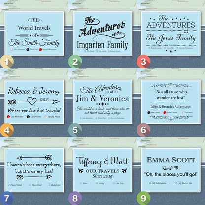 Nine free personalization templates for the Signature World map poster with family names, quotes and pin legends