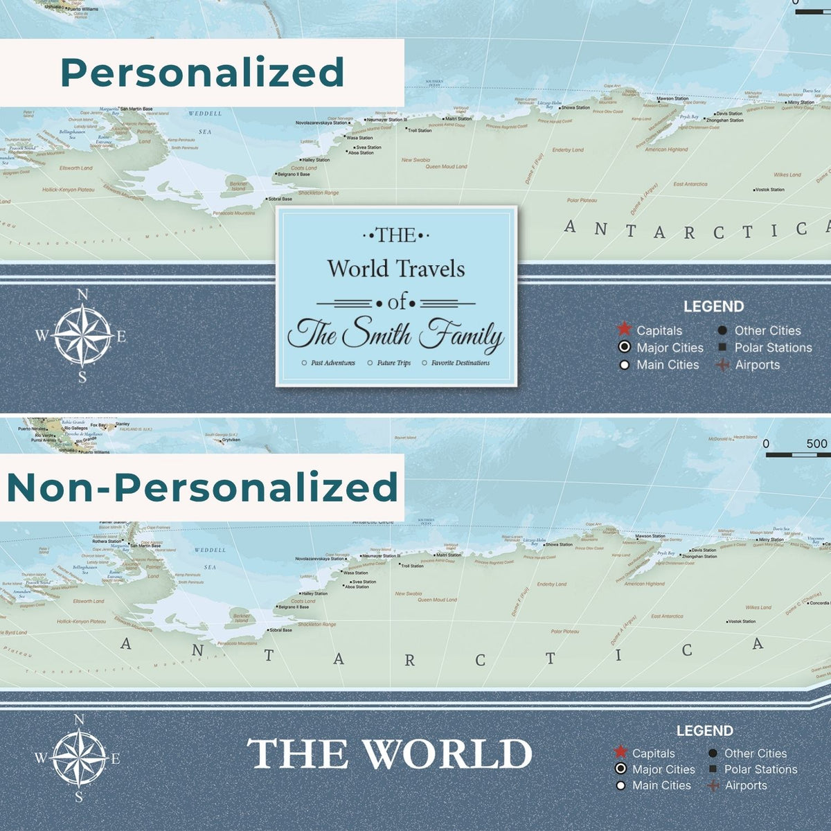 Personalized vs non-personalized comparison of the Signature World map poster legend area