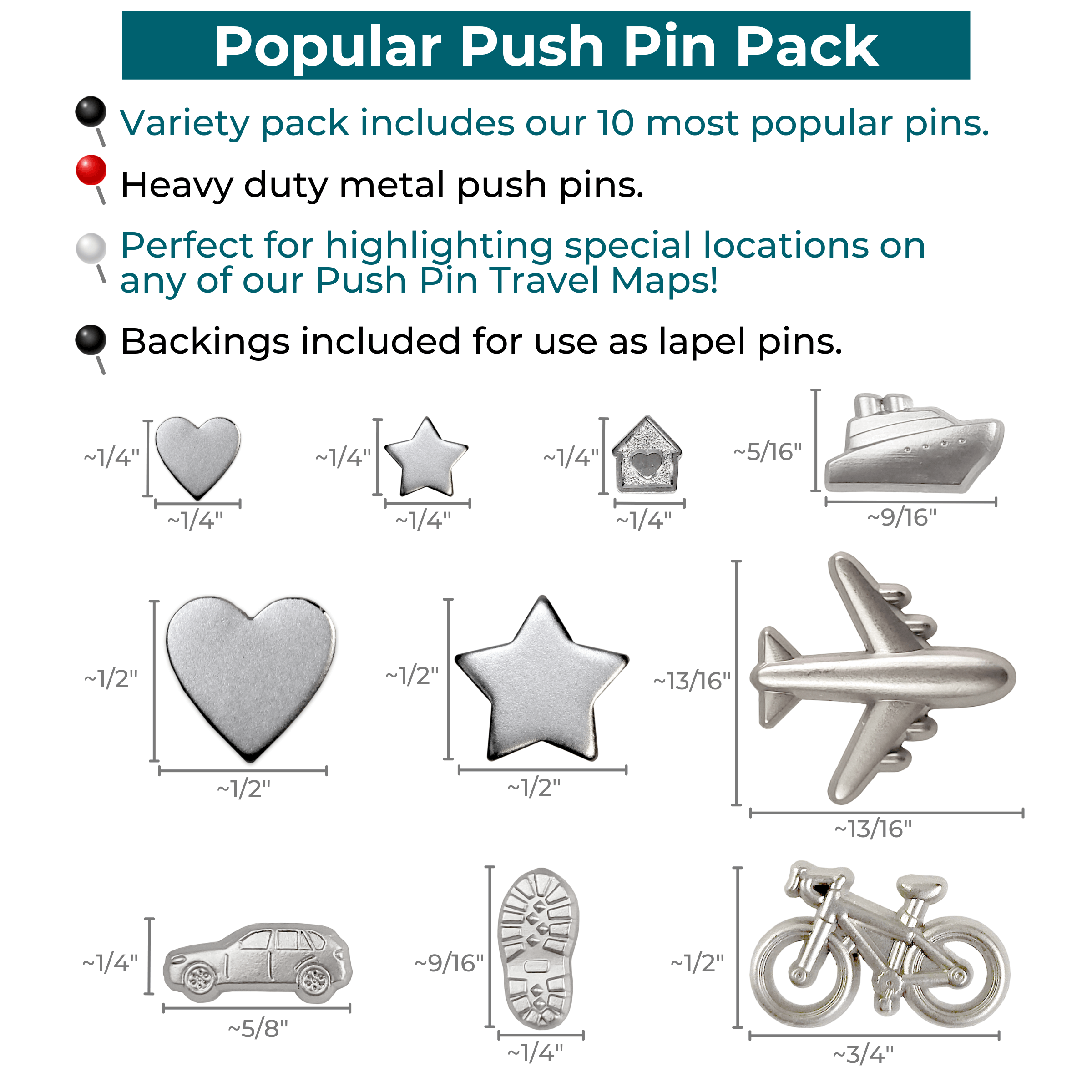 Set of 10 Assorted Pins Info - Silver