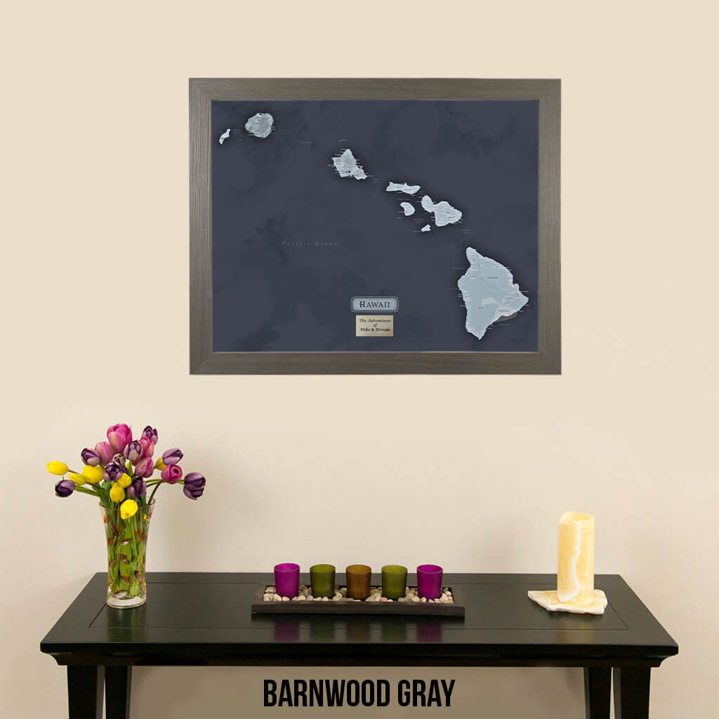 Hawaii Slate Framed Travel Map with Pins in Barnwood Gray Frame