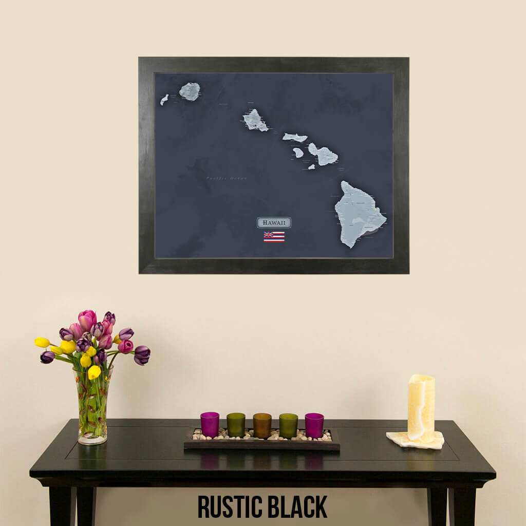Hawaii Slate Framed Travel Map with Pins in Rustic Black Frame