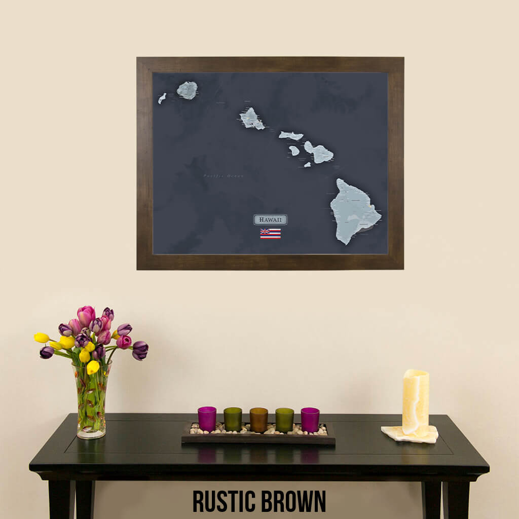 Hawaii Slate Framed Travel Map with Pins in Rustic Brown Frame