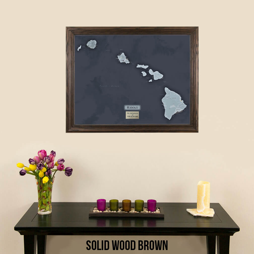 Hawaii Slate Framed Travel Map with Pins in Solid Wood Brown Frame