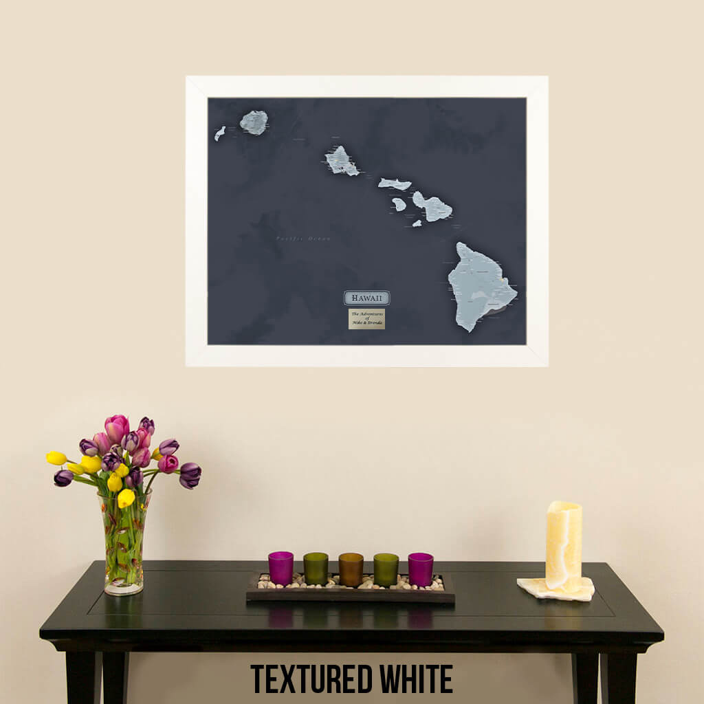 Hawaii Slate Framed Travel Map with Pins in Textured White Frame