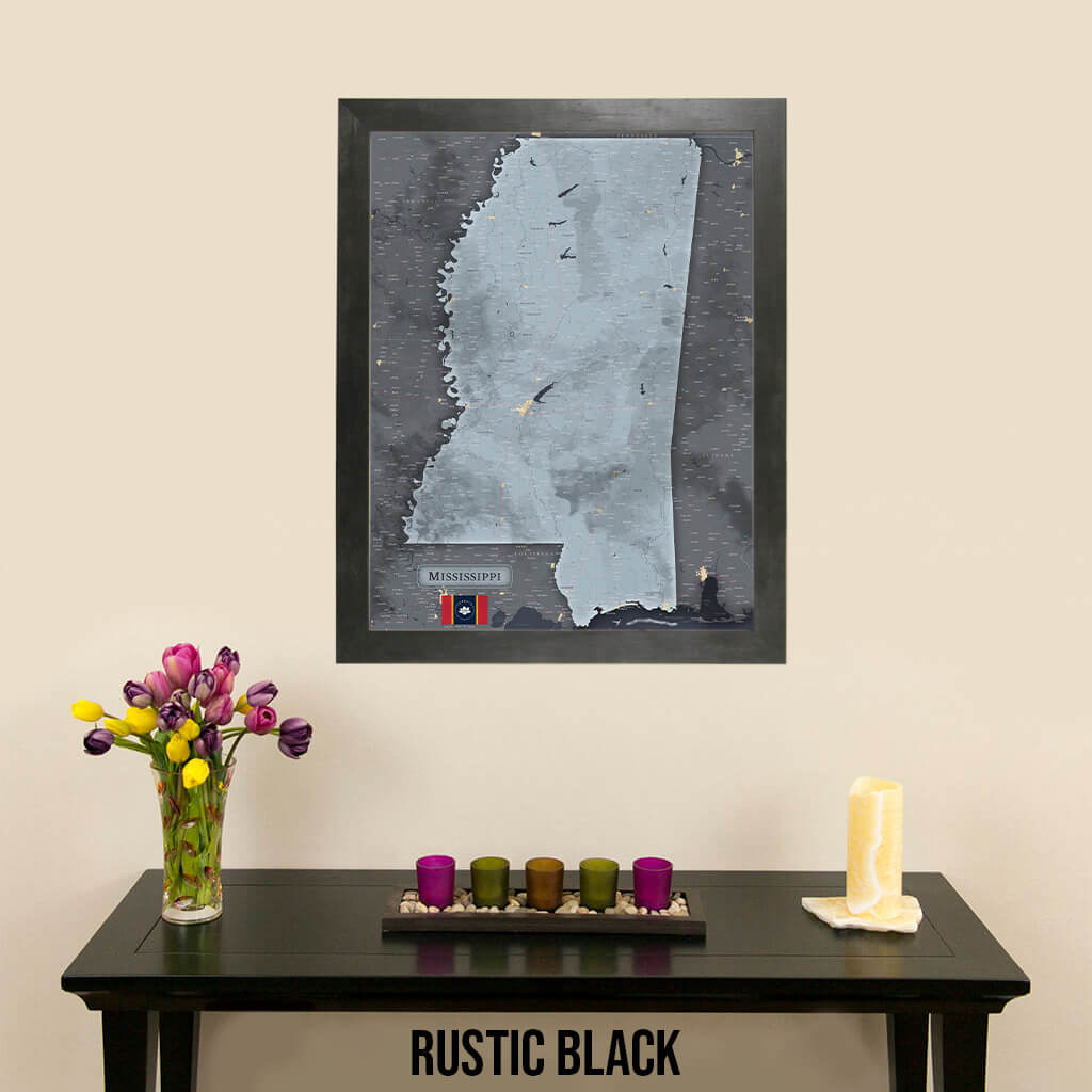 Mississippi Slate State Push Pin Travel Map in Rustic Black Frame