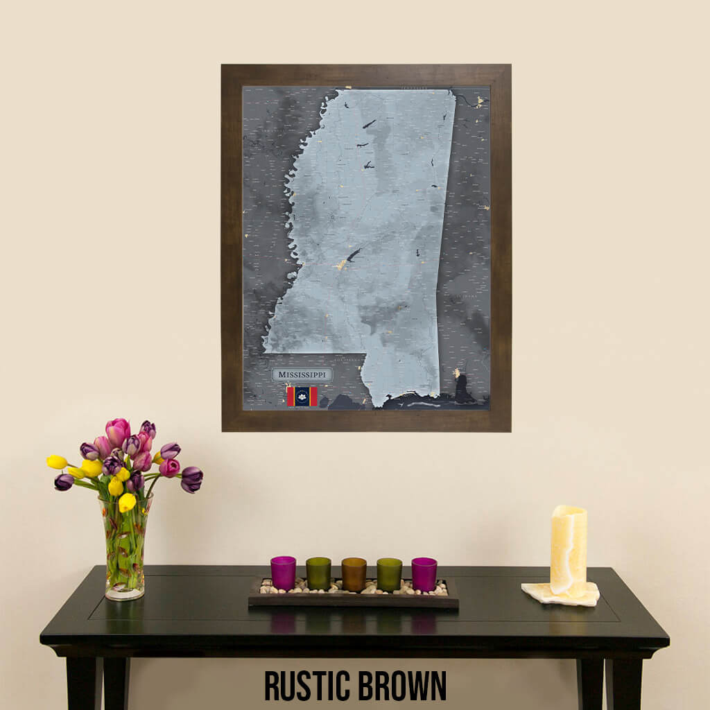 Mississippi Slate State Push Pin Travel Map in Rustic Brown Frame