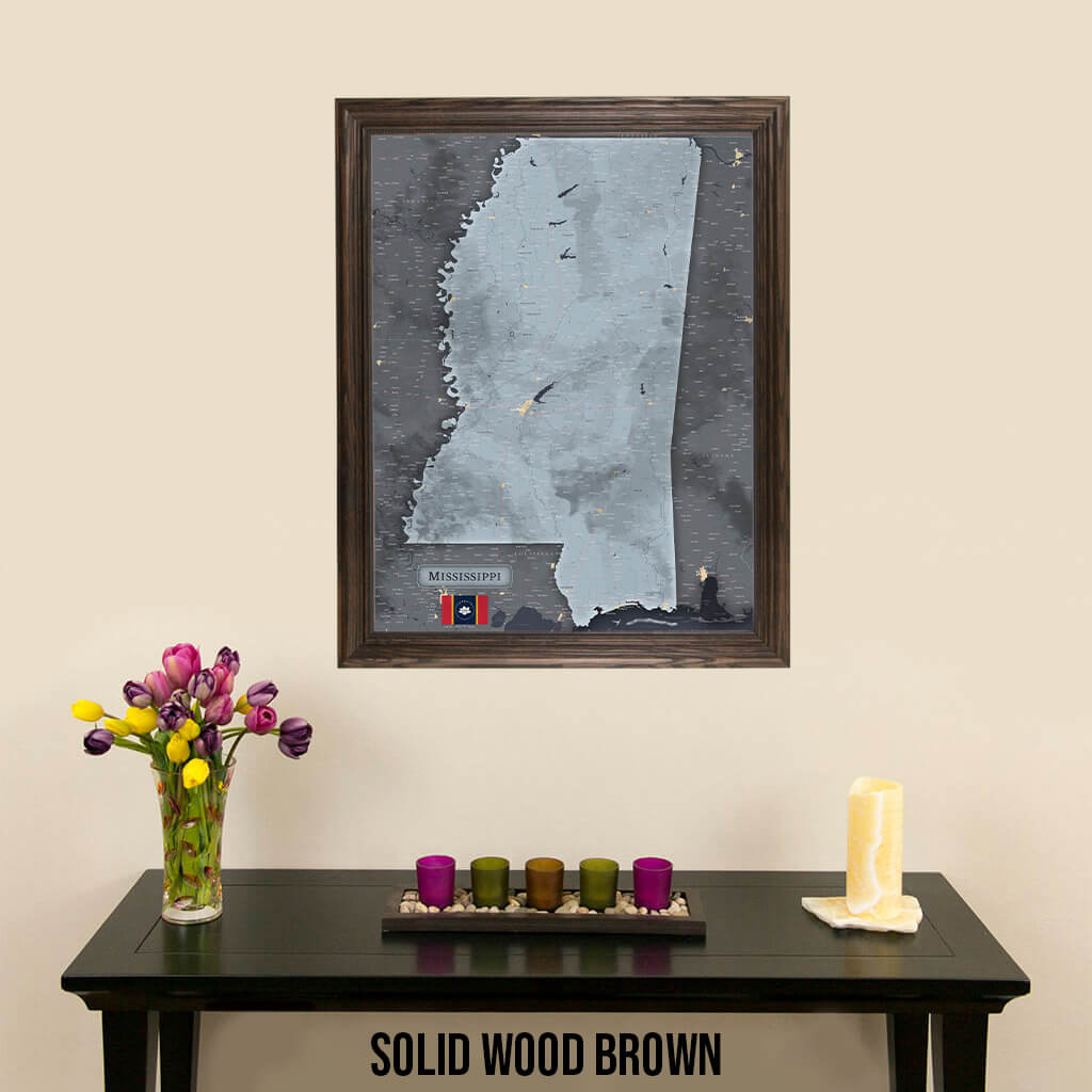 Mississippi Slate State Push Pin Travel Map in Solid Wood Brown Frame