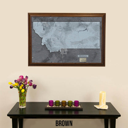 Montana Slate State Push Pin Travel Map in Brown Frame