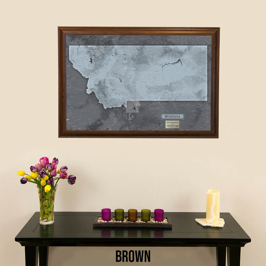 Montana Slate State Push Pin Travel Map in Brown Frame