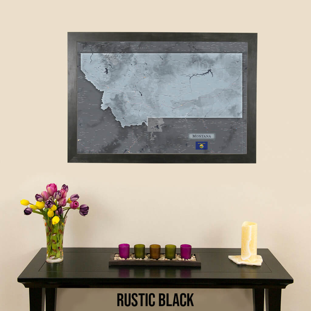 Montana Slate State Push Pin Travel Map in Rustic Black Frame