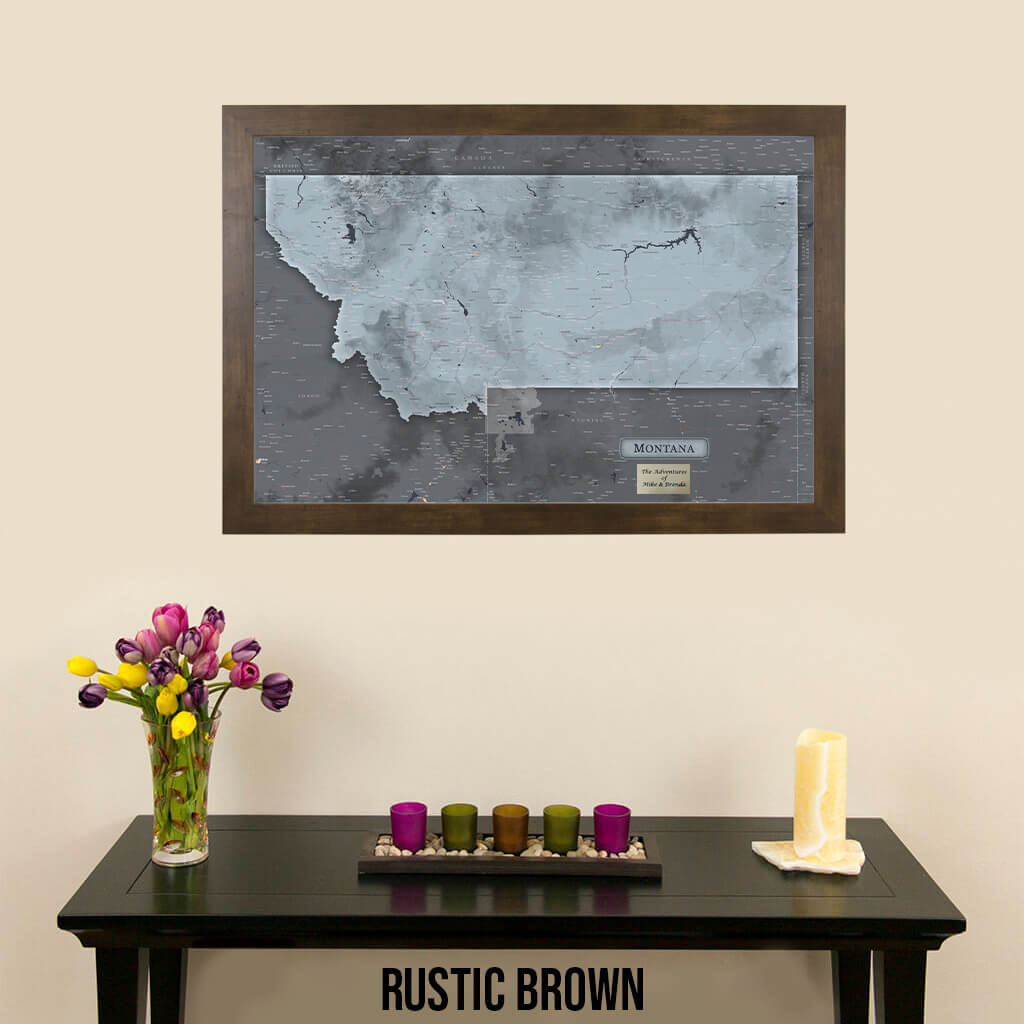Montana Slate State Push Pin Travel Map in Rustic Brown Frame