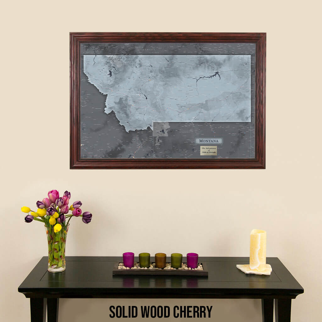 Montana Slate State Push Pin Travel Map in Solid Wood Cherry Frame