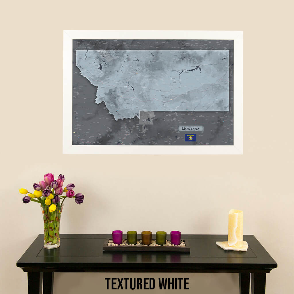 Montana Slate State Push Pin Travel Map in Textured White Frame
