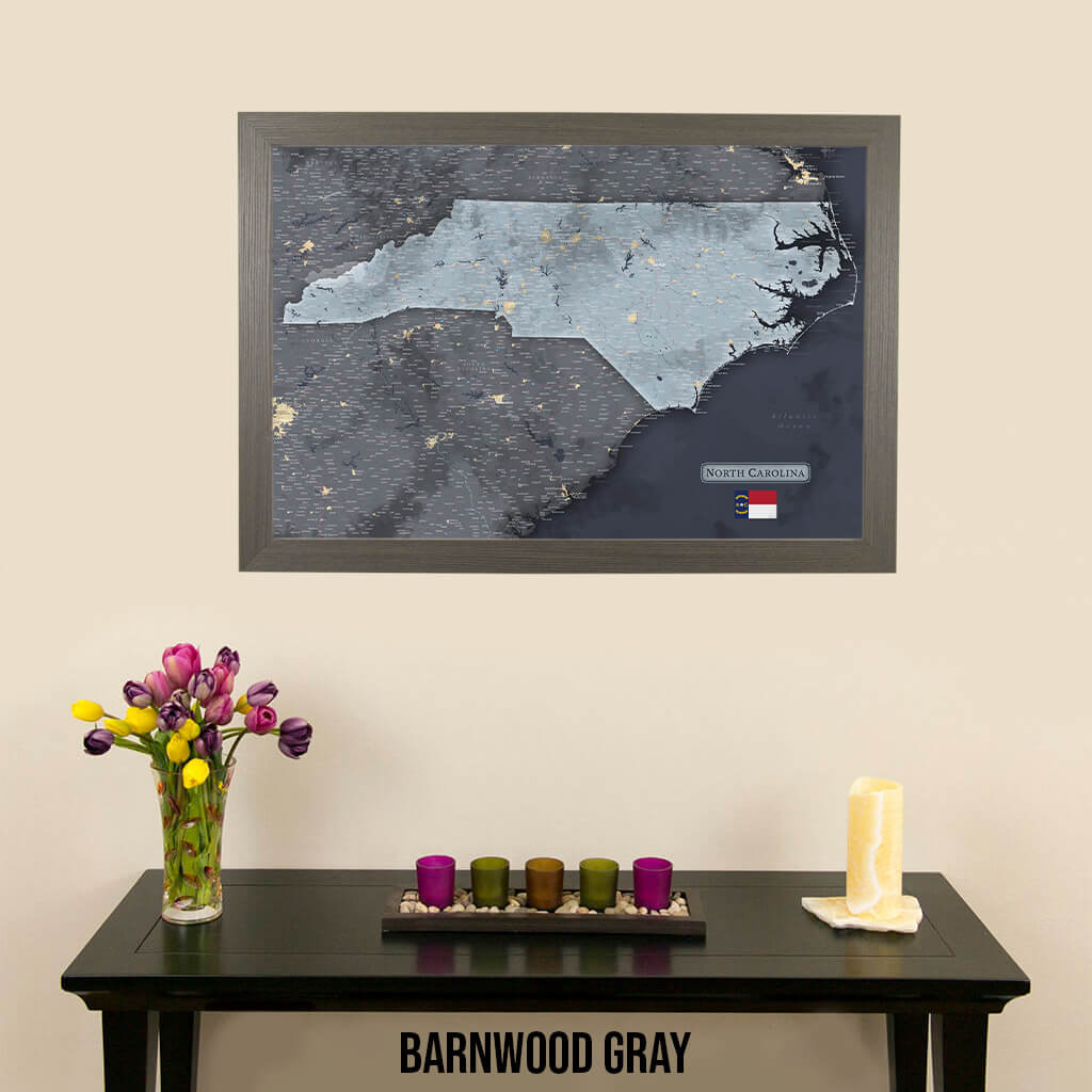 Framed Slate North Carolina Push Pin Travel Map in Barnwood Gray Frame