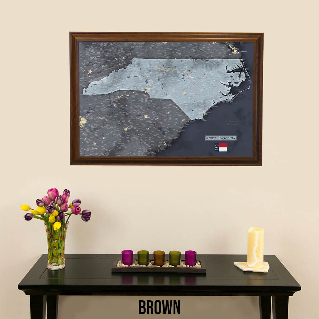 Framed Slate North Carolina Push Pin Travel Map in Brown Frame